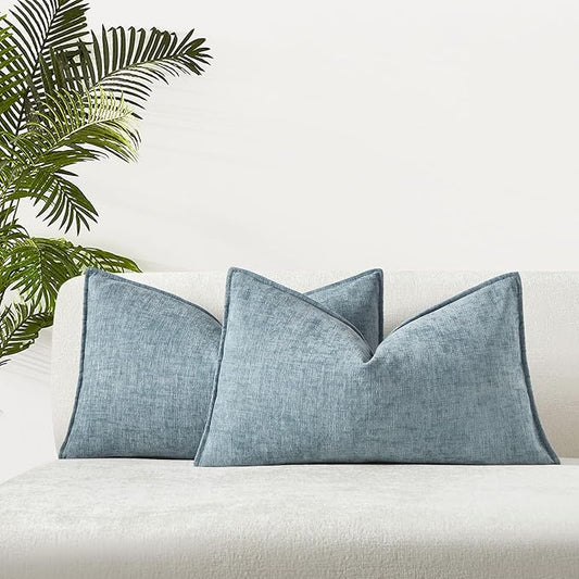 JUSPURBET Light Blue Chenille Lumbar Throw Pillow Covers 16x24 inch Set of 2 Decorative Soft Textured Cushion Cases for Living Room Sofa Couch Bed Solid Home Decor Broadside Pillowcases