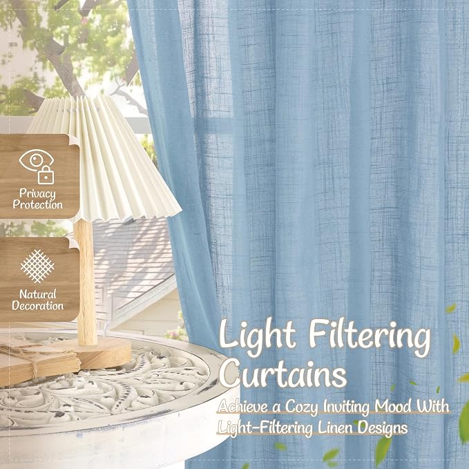 Linen Curtains for Living Room 96 inch Long 2 Panels, 52 x 96 Inch | Blue, Light Filtering Semi Sheer Curtains, Farmhouse Boho, Back Tab Rod Pocket, Drapes for Bedroom, Sliding Glass Door