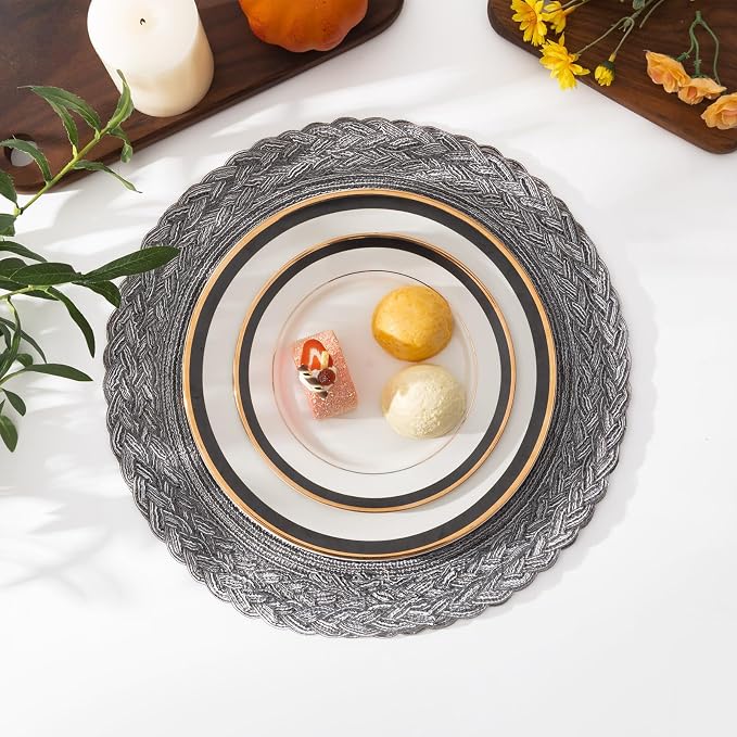 SHACOS Round Placemats Set of 4 Boho Braided Border 15 inch Circle Place Mats Washable Fabric Table Mats for Kitchen Dining Table, Gray