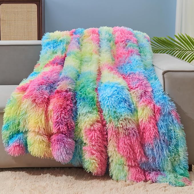 GONAAP Fuzzy Faux Fur Twin Blanket for Couch, Dark Rainbow, 60"x80" | Warm Cozy Plush Shaggy Decorative Reversible Thick Non-Heated Fleece Blanket for Sofa Bed, Gift for Women Men, All Season Use