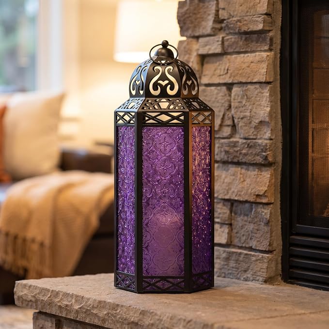 Vela Lanterns Decorative Indoor Tall Floor Candle Holder, Purple, XL | Extra Large Gothic Whimsigoth Decor, Moroccan Lantern, Halloween Witch Lamp, Indoor Outdoor Patio, 16.3" Tall