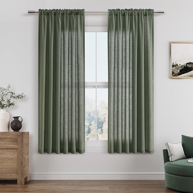 Olive Green Linen Curtains 63 Inch Length for Living Room Bedroom 2 Panels Set Rod Pocket Light Filtering Semi Sheer Window Curtains 52 Inch Width Boho Farmhouse Linen Drapes, W52xL63