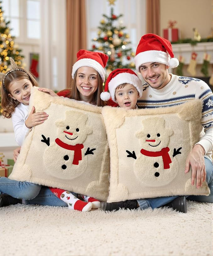 Christmas Pillow Covers Set of 2 Soft Plush Faux Fur Pillow Cases 3D Embroidered Decorative Couch Cover Home Decor Christmas Throw Pillow Covers 18x18,Beige Snowman