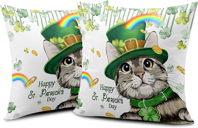 Happy St Patricks Day Pillows Covers 16x16 Pack of 2 Lucky Cat Clover Pillow Covers Rainbow Gold Coin Shamrock Decorative Pillow Cases Cushion Case for Living Room Couch Sofa