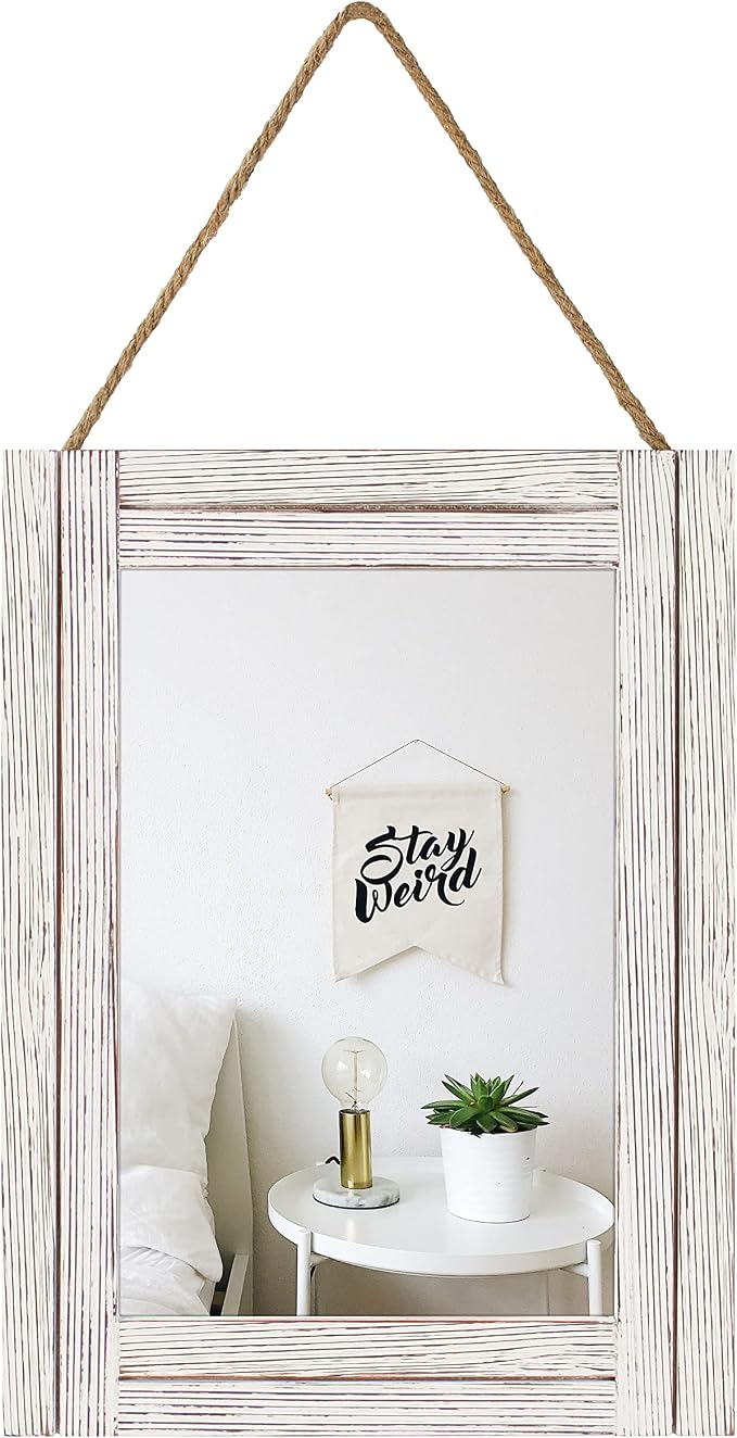 16 X 12 Inch Rustic Wood Framed Wall Mirror with Hanging Rope for Farmhouse Decor, for Entryway, Bedroom, Bathroom, Dresser, Wash White