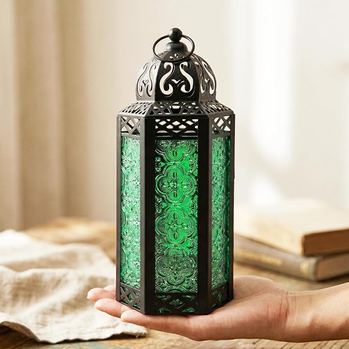 Vela Lanterns Decorative Indoor Moroccan Candle Holder, Green, M | Emerald Green Glass Decor, Ramadan Lantern, Turkish Votive Pillar Lamp, Whimsigoth Witch Tealight Holder, 10.5in Tall