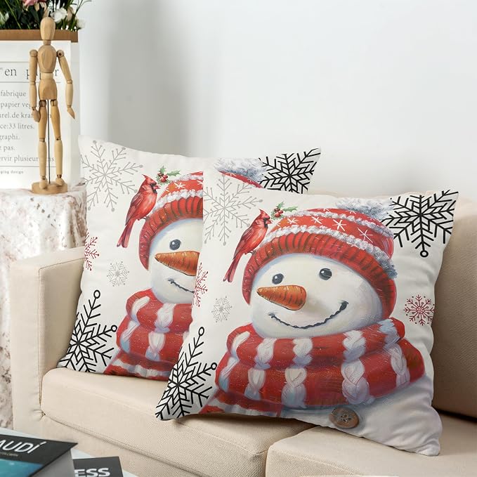 Red Snowman with Cardinal Bird Pillow Covers 24x24 Christmas Holiday Throw Pillow Covers Winter Snowflake Cushion Case for Living Room Bedroom Sofa Set of 2