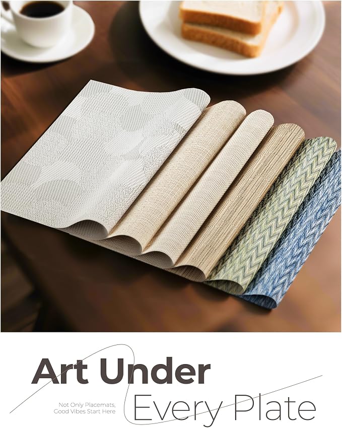 Leetaltree Beige Placemats Set of 6 - Heat-Resistant, Non-Slip Table Mats, Washable Woven Vinyl for Indoor & Outdoor Dining