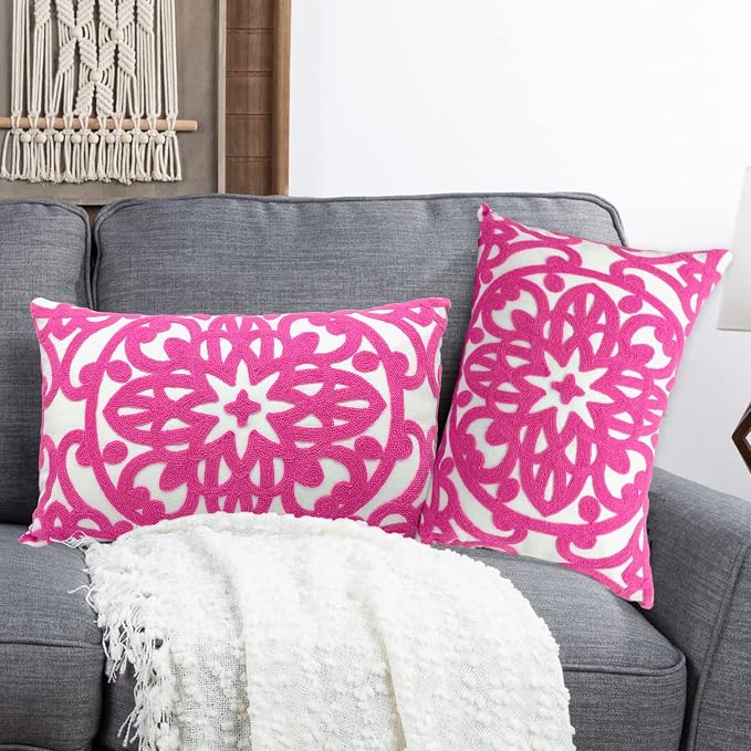 Alysheer Embroidered Lumbar Decorative Throw Pillow Covers 12"x 20" Set of 2, Classic Boho Mandala Embroidery Pattern Cotton Rectangular Cushion Case for Sofa Couch Bed Living Room(Bright Hot Pink)