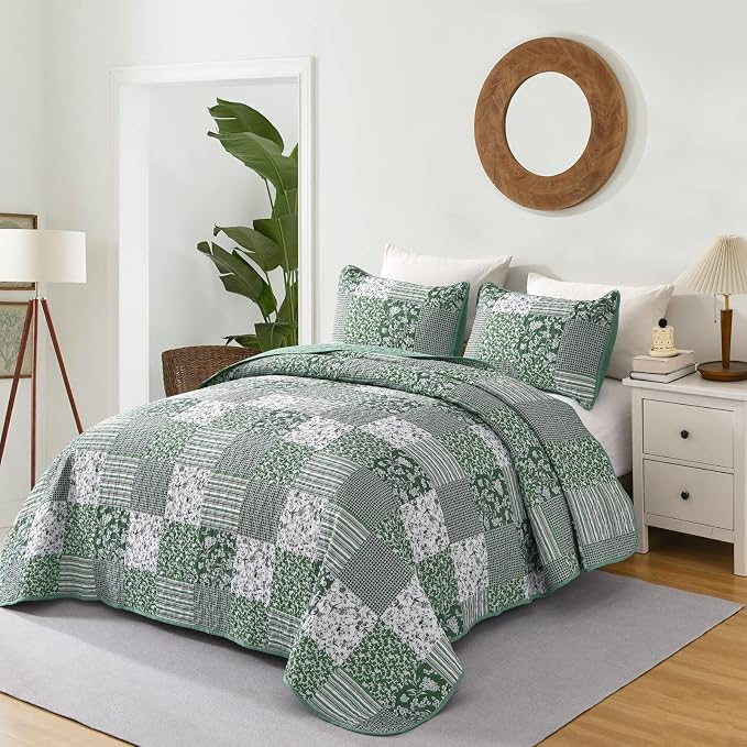 Mybedsoul Boho Quilts Queen Size, Patchwork Reversible Bedding Set, Green | Soft Lightweight Microfiber Coverlet Set, 3 Pieces Plaid Reversible Bedspread, Bed Sets for All Seasons 90"x96"
