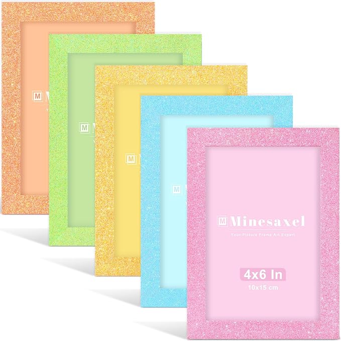 4x6 Colorful Picture Frame Set of 5, Wall Gallery 4 x 6 Glitter Photo Frames, Sparkle Cute Fun Artwork Frame for Wall or Tabletop