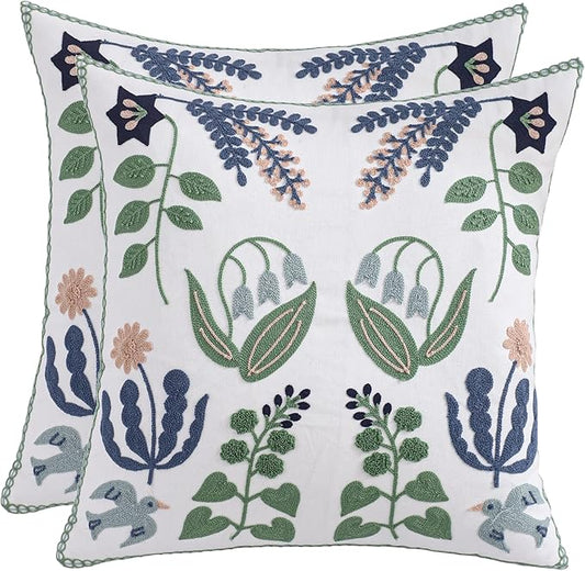 Embroidered Throw Pillow Covers 20x20 inch Set of 2 Blue Birds | Durable Fabric,Square Pillow Cover,Boho Decorative,Hidden Zipper,Aesthetic Design,Ideal Gift,Machine Washable
