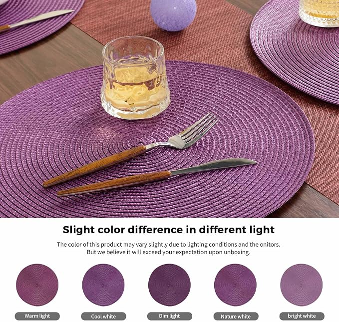 FunWheat Round Braided Placemats Set of 6 Table Mats for Dining Tables Woven Washable Non-Slip Place mats 15 inch(Purple, 6pcs)