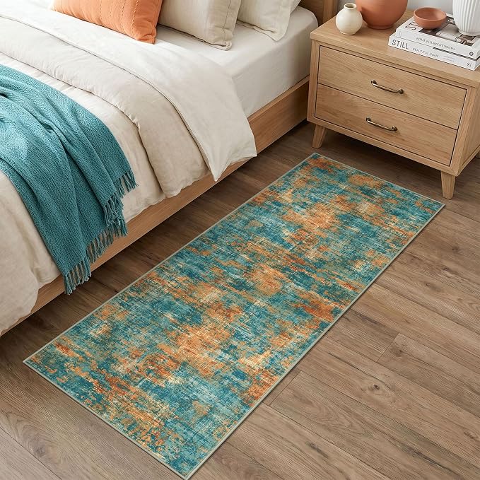 Lansny Abstract Washable 2x6 Hallway Runner Rug Non Slip Kitchen Runner | Teal/Orange;Thin Printed Faux Wool Rug Runners;Entryway Runner Indoor;Rubber Backed 6ft Carpet Runners;Bedroom Runner