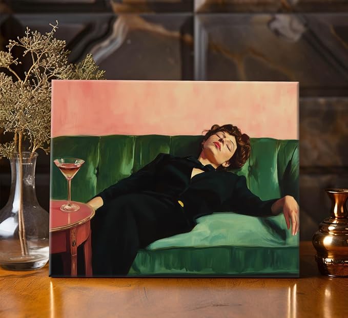 Vintage Woman Canvas Wall Art Funky Victorian Woman on Couch with Martini Picture Wall Decor Eclectic Cocktail Poster Trendy Bar Cart Decor Painting Print Artwork for Bar Kitchen Dining Room, Framed