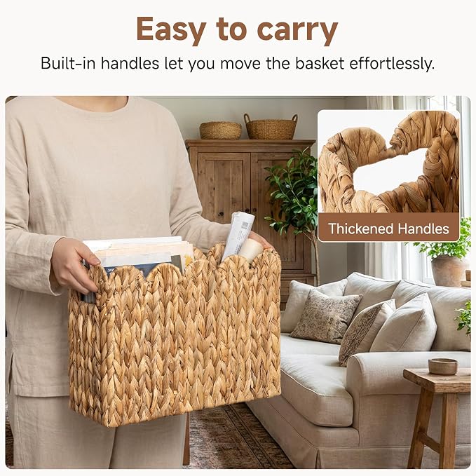 StorageWorks Scalloped Magazine Basket, Wicker Magazine Holder, Book Basket | Magazine Holder Bathroom, Mail Baskets for Counter, Hand-Woven Wicker Baskets, Rattan Magazine Rack for Bathroom, 1 Pack