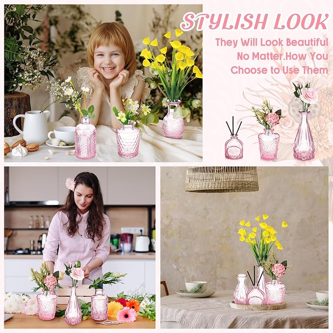 Inbagi 20 Pcs Glass Bud Vase Set - Pink Small Flower Vases Bulk, Vintage Embossed Decorative Bottles for Wedding Valentine Home Table Centerpieces Decor