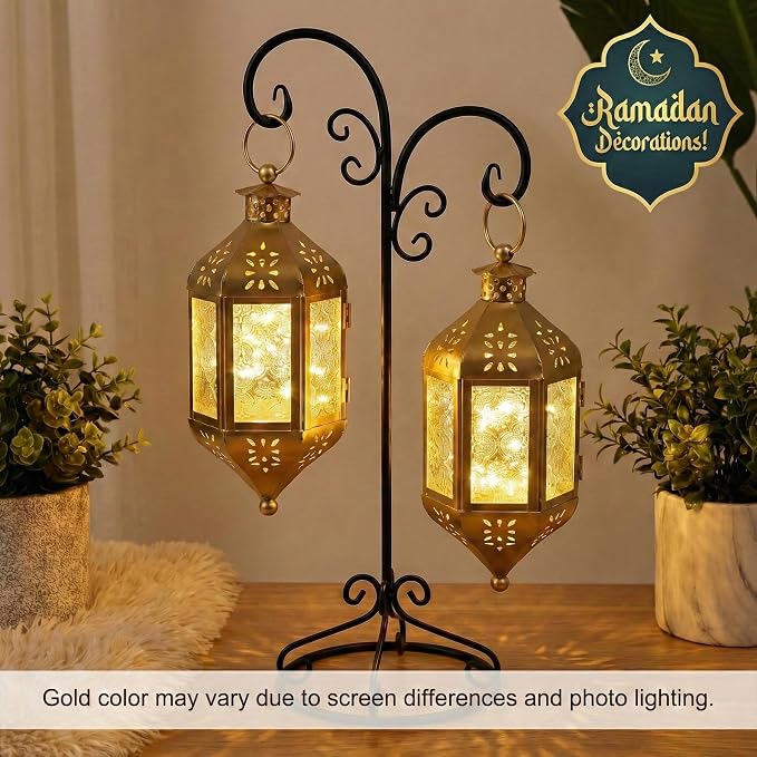 Vela Lanterns Hanging Moroccan Lamp - Exotic Decorative Patio & Porch Decor, Indoor Outdoor Tea Light Candle Lantern Holder with Chain (11" Medium, Gold)