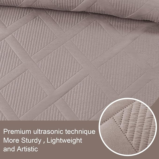 Exclusivo Mezcla Quilts Queen Size, Taupe | Soft Bedspreads with 2 Pillow Shams, Modern Striped Pattern, Lightweight Bedding Set Coverlets for All Seasons, 90x96 Inch
