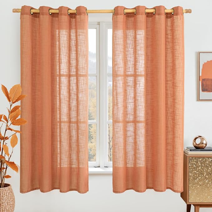 63 Inch Long Sheer Linen Curtains for Bedroom 2 Panels Set | Burnt Orange, Light Filtering, Curtains for Living Room, Country Decor, Farmhouse Boho Drapes, Bronze Grommet, 52 x 63 Inch