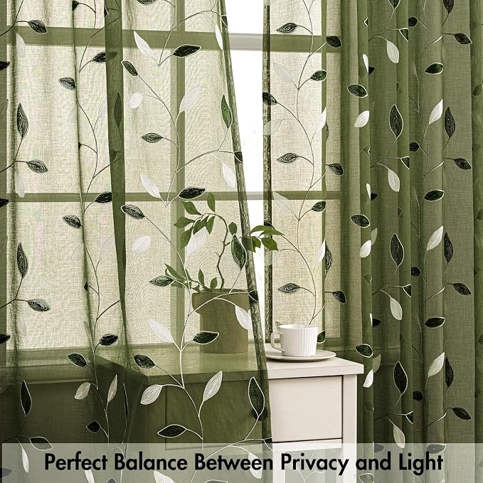 MIULEE Olive Green Sheer Curtains 2 Panels Leaf Patterned, W52 x L63 | Embroidered Floral Semi Sheer,Rod Pocket,Faux Linen,Short Window Curtains Drapes Set for Kitchen/Bathroom/Cafe