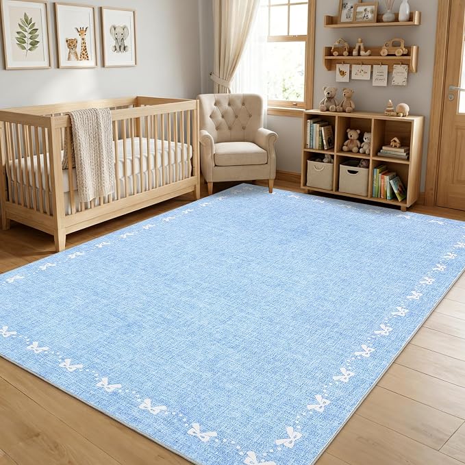 COZYLOOM 5x7 Bow Printed Washable Rug for Entryway Indoor, Modern Bordered Living Room Rug with Non Slip Backing, Stain Resistant Non Shedding Solid Color Area Rugs for Bedroom, Dining Room, Blue