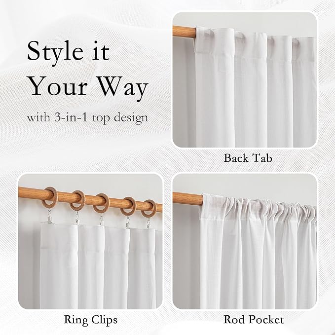 MYSKY HOME White Linen Curtains 96 Inches Long for Sliding Glass Door Semi Sheer Curtains Light Filtering Drapes Living Room Window Treatment Soft Boho Farmhouse Style, Pure White, 50" x 96", 2 Panels