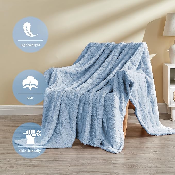 FY FIBER HOUSE Knitted Throw Blankets with Heart Checkered,Soft Warm Blankets for Lover Mom Father Friends Gifts,Lightweight Fuzzy Blanket for Couch Sofa Bed All Season(Light Blue,90"x108")