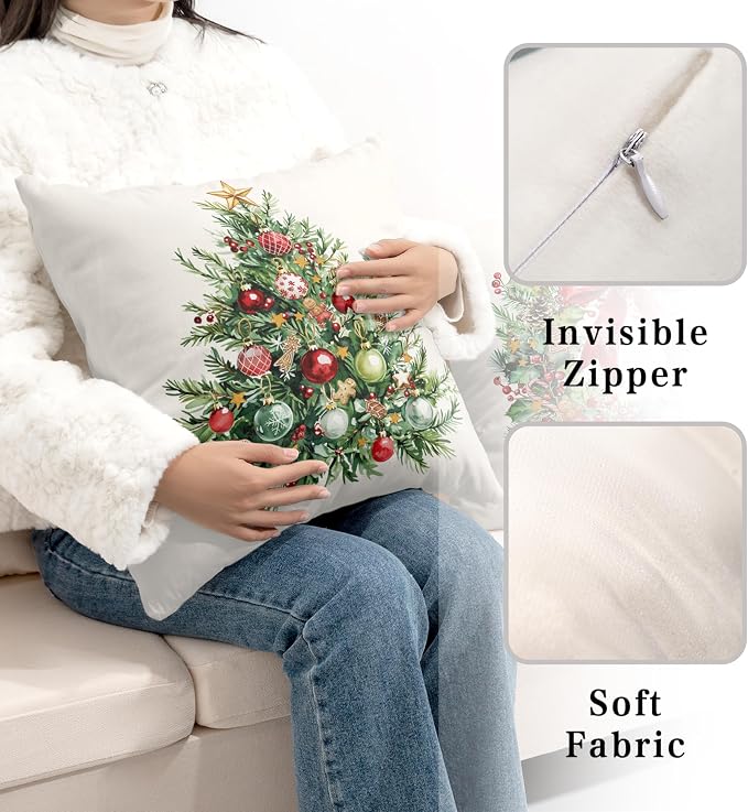 Set of 2 Christmas Tree Pillow Covers Xmas Wreath Throw Pillow Covers Red and Green Decorative Pillow Case 18x18 Winter Holiday Cushion Case for Home Decor Couch Sofa