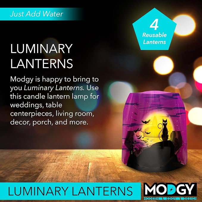 MODGY Luminary Lanterns, Halloween Candle Holders with Flameless Floating LED Candles, Indoor Outdoor Decor for Parties, Home, Windows, and Mantels, Table Centerpiece, 4-Pack, Salem