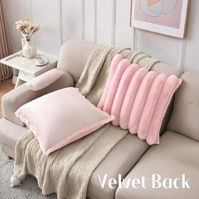 HAUSSY Pack of 2 Pillow Covers 18x18 Inch, Faux Fur Decorative Couch Throw Pillows Soft Striped Plush Cushion Covers Home Decor Cute Furry Pillowcase for Living Room Sofa Bed, Pink (Covers Only)