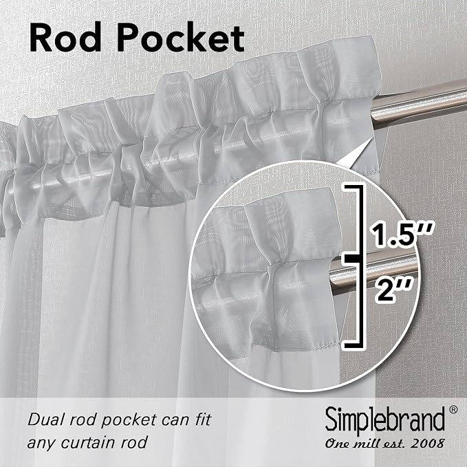Simplebrand Light Grey Sheer Curtains 96 Inches Long, Light Filtering Silver Grey Rod Pocket Solid Color Window Sheer Curtain Panels, Elegant Curtains & Drapes for Living Room, Bedroom 2 Panels, 42" W