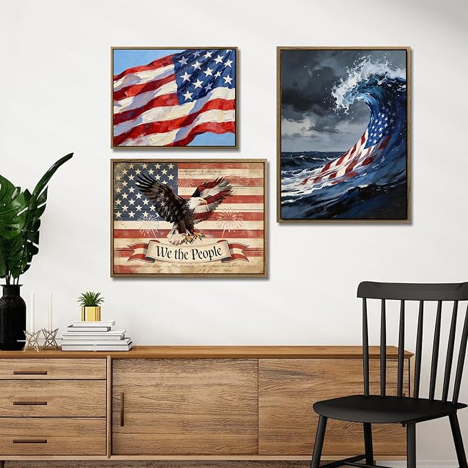 American Flag Framed Canvas Wall Art, 4th of July Patriotic Canvas Prints | USA Flag Ocean Waves Abstract Poster Print, Independence Day Wall Decor for Bedroom Living Room Office 20×24in