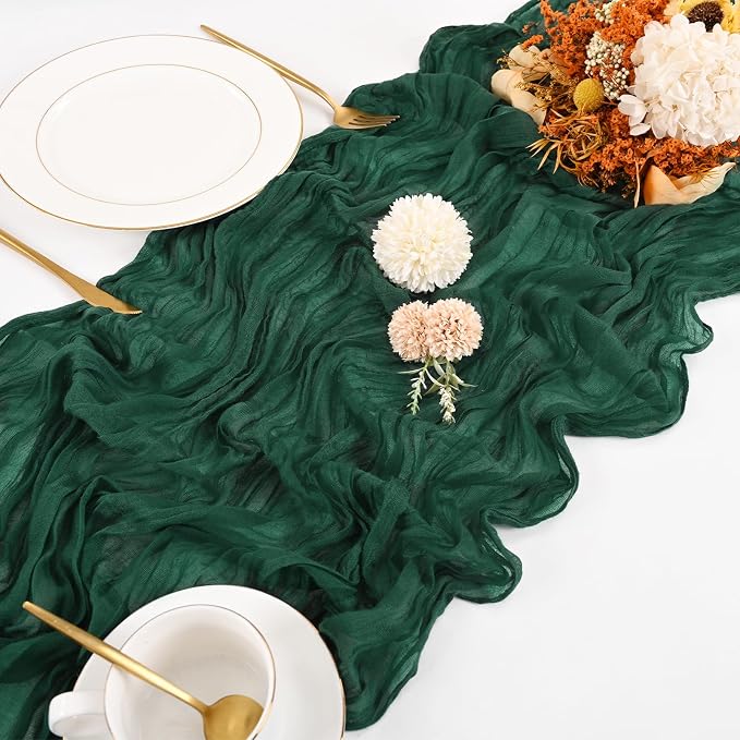 10 Pack Emerald Green Cheesecloth Table Runner 17x108 Inch Boho Gauze Cheese Cloth Table Runners for Wedding Party Baby Shower Birthday Home Decor