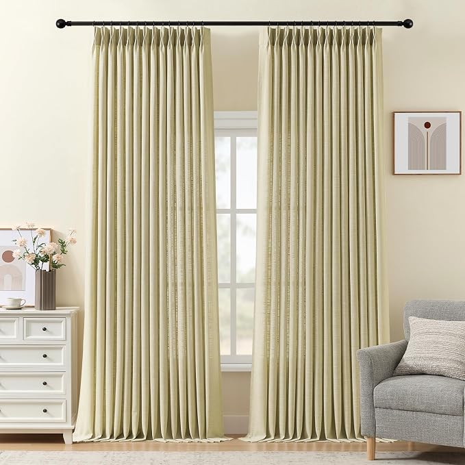 Extra Long Pinch Pleated Sheer Linen Blend Curtains Light Filtering, 40X108 | Living Room, Semi Sheer, Pinch Pleat, Hook Rings, Ceiling to Floor, Memory Shape, Farmhouse, W40xL108, Grey Beige, 2 Panels