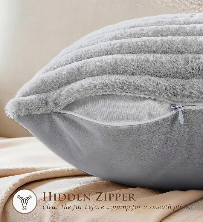 Pack of 2 Throw Pillow Covers 20x12 Decorative Solid Plush Faux Fur with Soft Velvet Back, Square Striped Cushion Cases Modern Farmhouse Home Decor for Living Room Couch Sofa Bed Neutral Gray