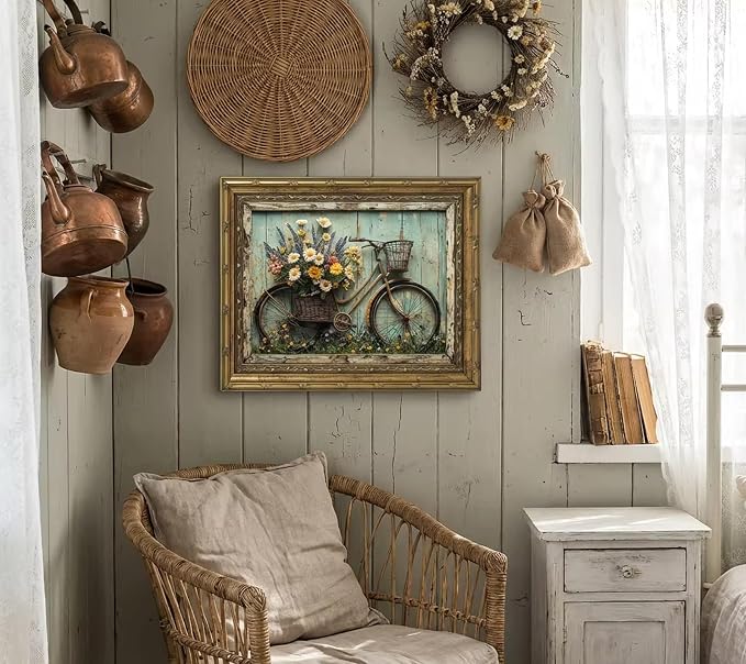 Gold Framed Rustic Farmhouse Daisy Floral Wall Art Vintage Bicycle Flower Painting Picture Canvas Wall Decor Country Still Life Poster Print for Bathroom Living Room Bedroom Home Decoration 12x16in