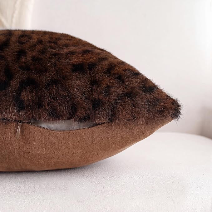 cygnus Dark Brown Leopard Pillow Covers | Soft Faux Fur Cheetah Print Pillowcase 18x18 inch, Animal Decorative Throw Pillow Covers for Couch Sofa Bedroom