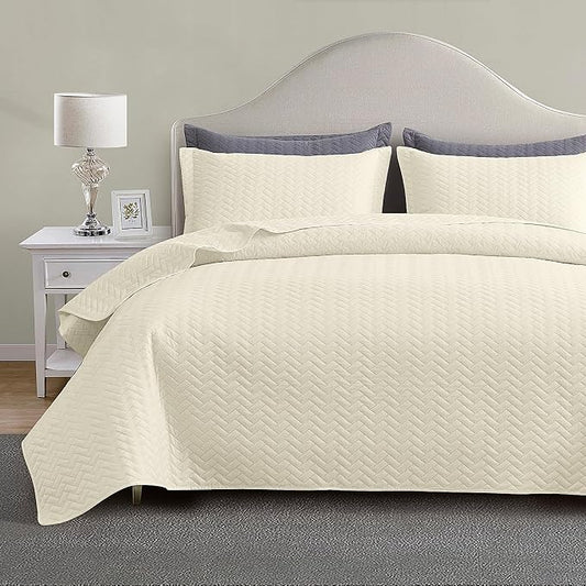 Maple&Stone Cream Quilt Set King Size, Lightweight Bedspread | Breathable Coverlet with Chevron Pattern, All-Season Dorm Bed Cover Set Bedding Decor 3 Piece