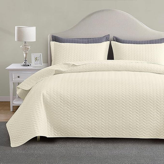 Maple&Stone Cream Quilt Set California King Size, Lightweight Bedspread | Breathable Coverlet with Chevron Pattern, All-Season Dorm Bed Cover Set Bedding Decor 3 Piece