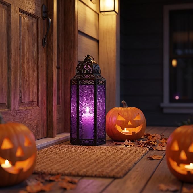 Vela Lanterns Decorative Indoor Tall Floor Candle Holder, Purple, XL | Extra Large Gothic Whimsigoth Decor, Moroccan Lantern, Halloween Witch Lamp, Indoor Outdoor Patio, 16.3" Tall