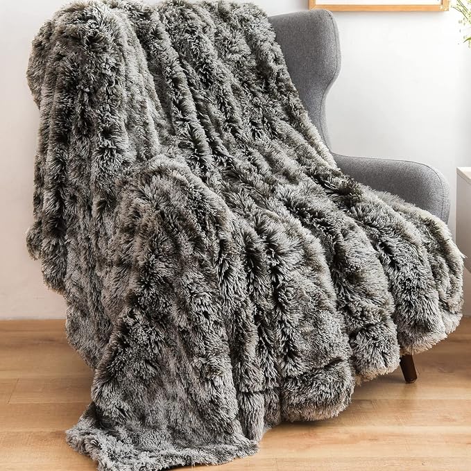 GONAAP Fuzzy Faux Fur Throw Blanket for Couch, Frosty Black, 50"x60" | Warm Cozy Plush Shaggy Decorative Reversible Thick Non-Heated Fleece Blanket for Sofa Bed, Gift for Women Men, All Season Use