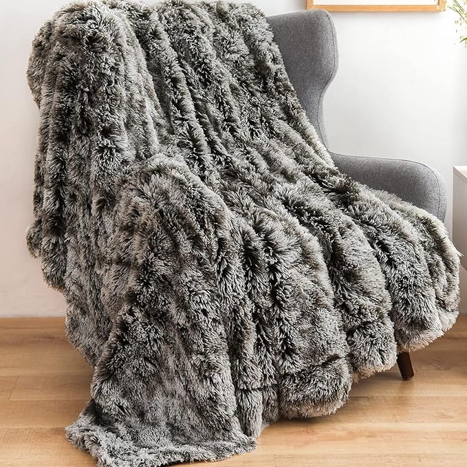 GONAAP Fuzzy Faux Fur Twin Blanket for Couch, Frosty Black, 60"x80" | Warm Cozy Plush Shaggy Decorative Reversible Thick Non-Heated Fleece Blanket for Sofa Bed, Gift for Women Men, All Season Use