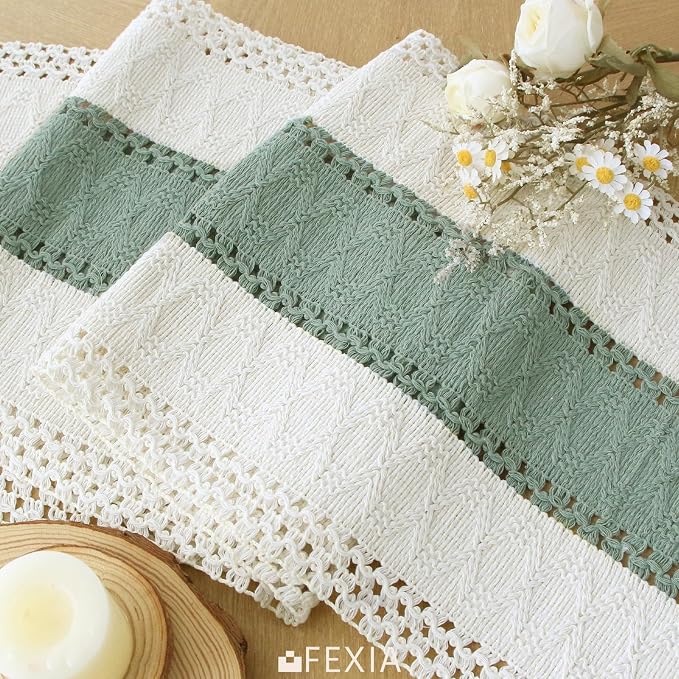 FEXIA Boho Table Runner for Home Decor 12x36 Sage Green Fall Decorations | 36 Inches Long with Tassels Rustic Macrame Farmhouse Table Cover for Wedding Party Bohemian Bridal Shower Dining Decorations