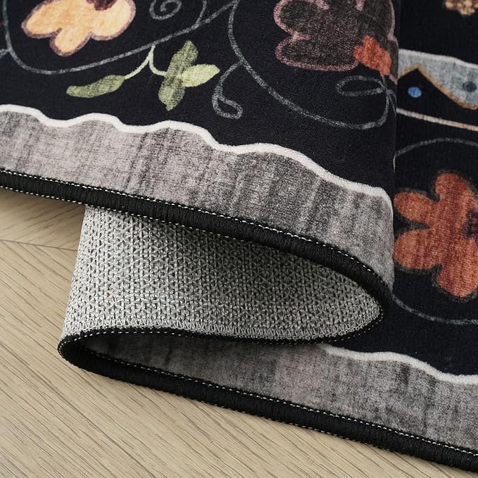 Rugcomf Area Rugs 9x12 Living Room Clearance Washable Boho Rug Non Slip Floral Animal Cat Vintage Low Pile Large Rug for Living Room Bedroom Farmhouse Dining Room Kids Playroom, Black