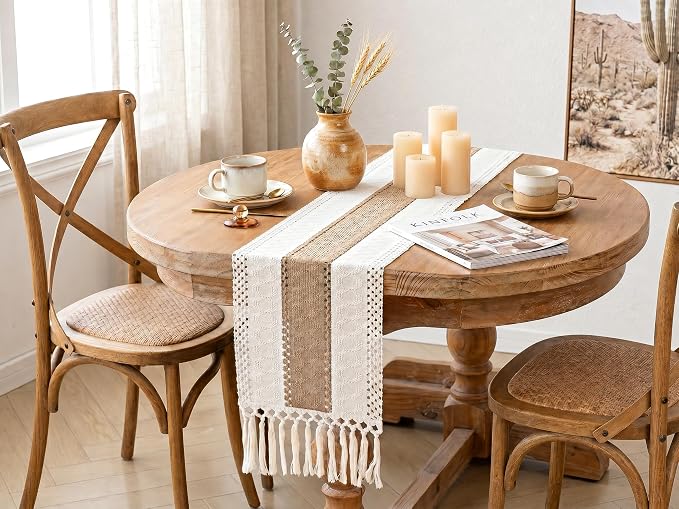 FEXIA Boho Table Runner for Fall Home Decor 12x60 Rustic with Tassels | 60 Inches Long Farmhouse Kitchen Dining Room Macrame Burlap Coffee Table Decoration Dresser Runner Pottery Barn Furniture