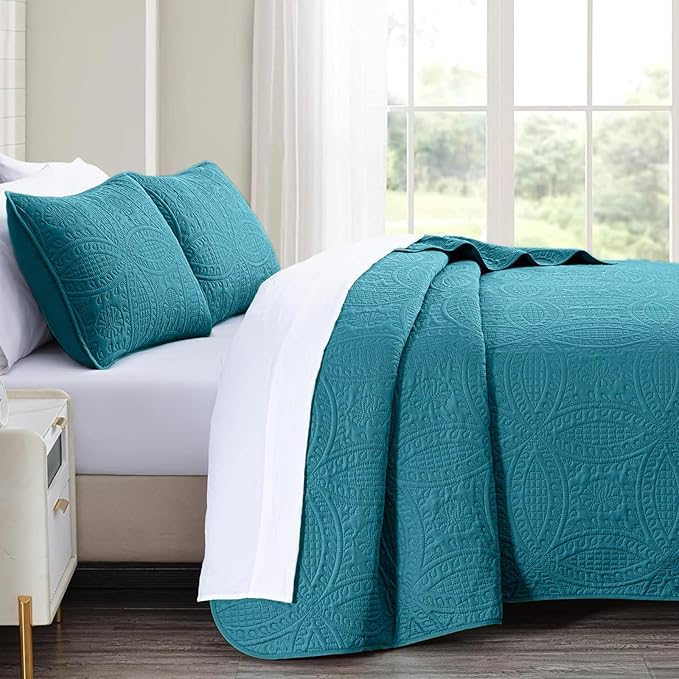 akkialla 118"x106" Teal California King Quilt Set, Oversized Floor-Length Bedspread, Modern Coin Pattern Microfiber Coverlet, 3-Piece All Season Bedding with 2 Pillow Shams
