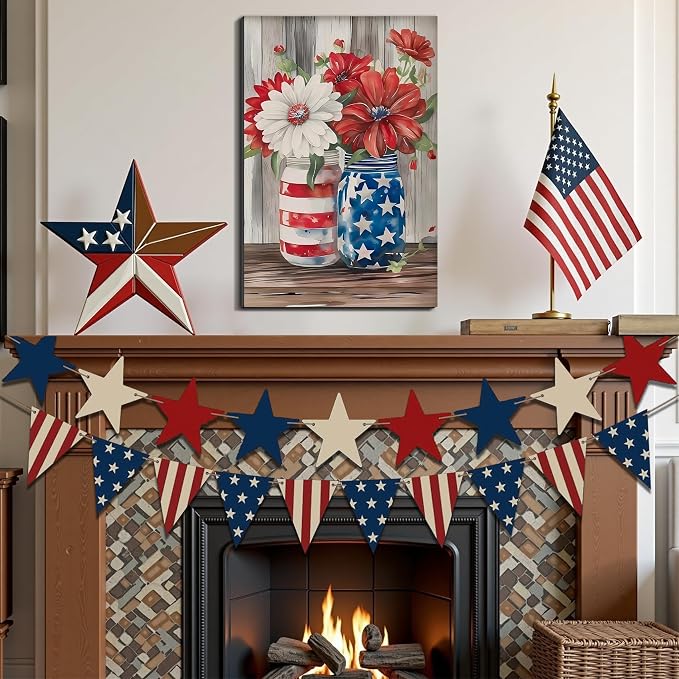 Framed American Flag Mason Jar Flower Wall Art, Patriotic Farmhouse Canvas Art Pictures, USA Flag Wall Decor, Made in USA Ready to Hang for Kitchen Living Room
