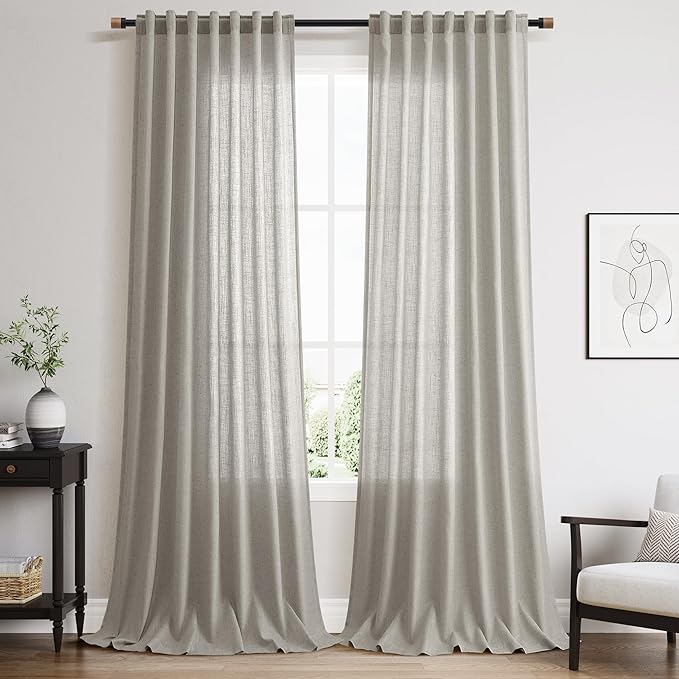Silver Grey Linen Curtains 108 Inches for Living Room Extra Long Back Tab Curtain Neutral Farmhouse Light Filtering Semi Sheer Linen Drapes Ceiling to Floor for Large Window Office 9 FT,2 Panels