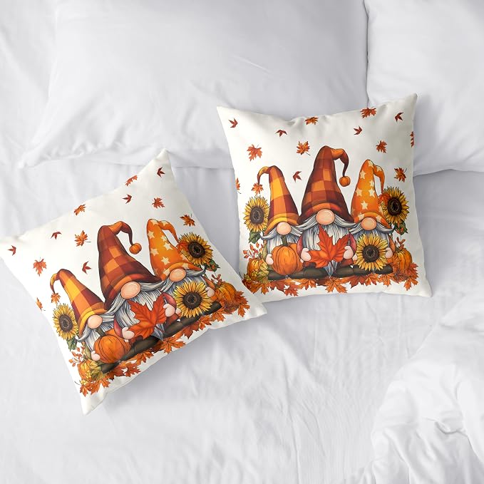 Fall Gnome Pillow Covers 16x16 Set of 2 Pumpkin Sunflower Maple Leaves Throw Pillow Covers Autumn Pillow Case Thanksgiving Cushion Case for Home Decor Couch Sofa